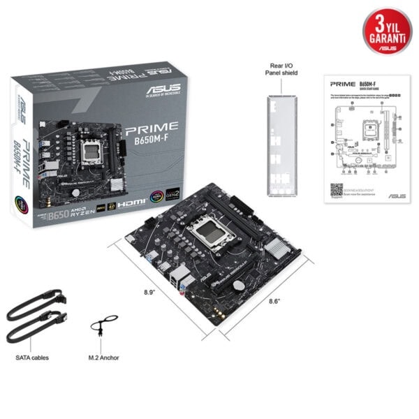 Yüksek çözünürlüklü ASUS Prime B650M-F anakart ve kutu içeriği, detaylı teknik özellikleri ve montaj ölçüleri, bilgisayar bileşeni ve oyun donanımı optimize edilmiştir.