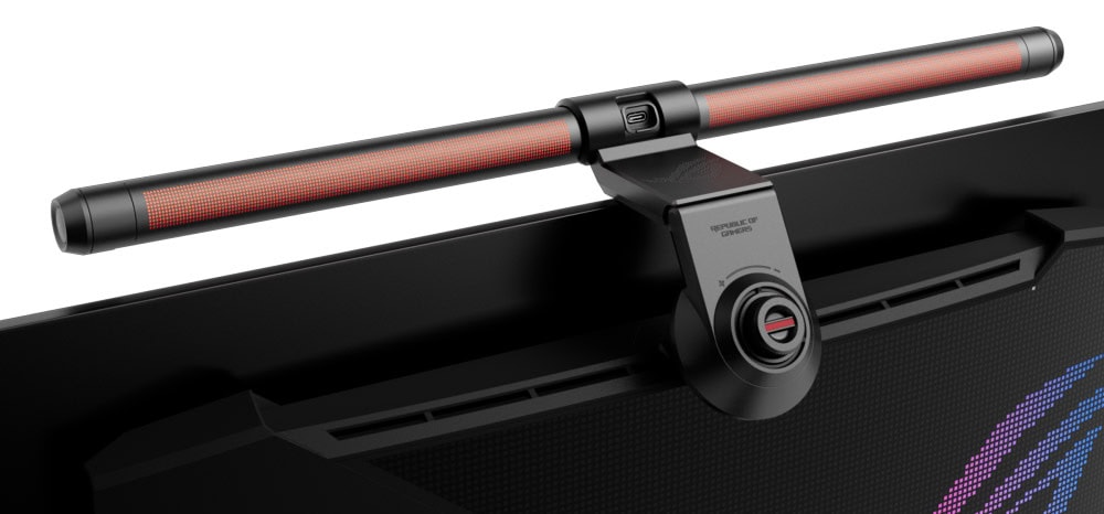 ROG Aura Monitor Light Bar ALB01 Yüksek kaliteli oyun monitörü ve RGB aydınlatmalı oyuncu çubuğu. Profesyonel oyun deneyimi için tasarlanmış yüksek performanslı bilgisayar ekipmanı.