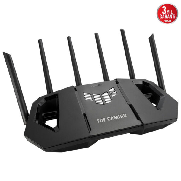 Yüksek performanslı ASUS TUF Gaming kablosuz router, güçlü antenleri ve hızlı bağlantı özellikleriyle oyun ve internet deneyimini artırır.