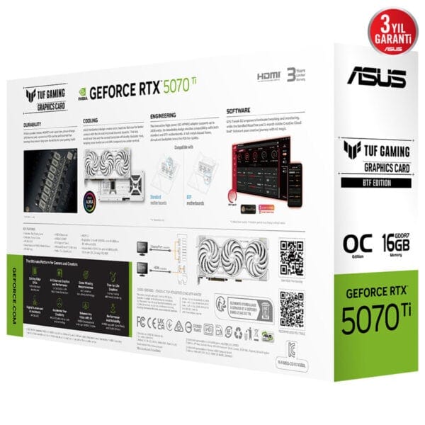 Yüksek performanslı ASUS TUF Gaming GeForce RTX 5070 Ti ekran kartı, üstün grafik gücü ve soğutma çözümleriyle oyun ve tasarım için optimize edilmiştir. 3 yıl garanti ile güvenilir performans sağlar.