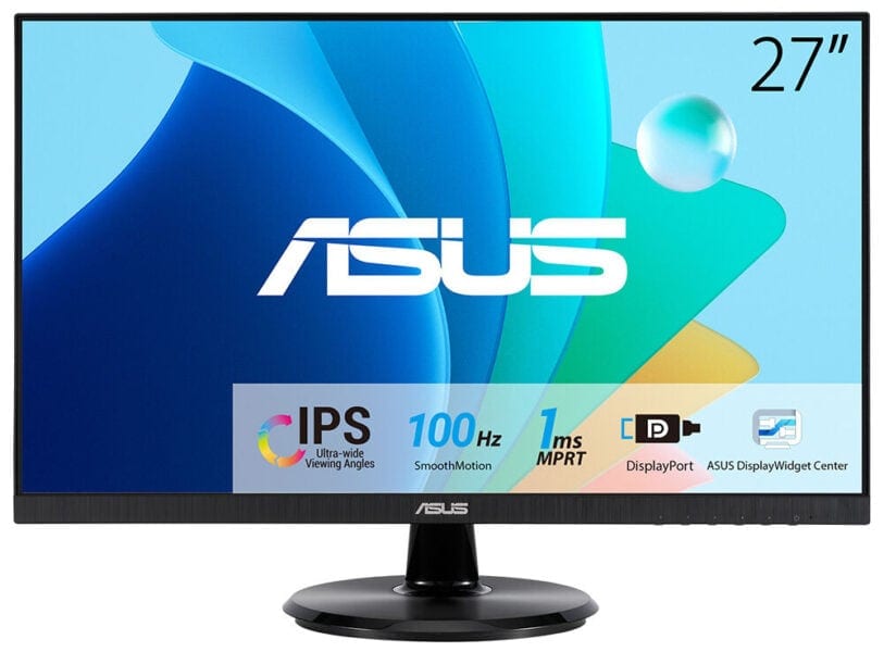 Yüksek kaliteli ASUS 27 inç monitör, IPS ekran, 100Hz yenileme hızı, 1ms MPRT, DisplayPort, geniş görüş açıları ve net görüntü performansı sunar.