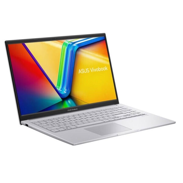 Görüntüde ASUS VivoBook dizüstü bilgisayar, renkli ekran ve beyaz klavye ile açık ofis veya oyun kullanımı için tasarlanmış taşınabilir laptop.