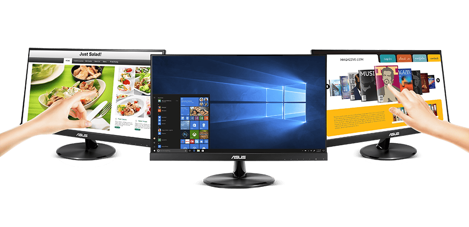 Yüksek çözünürlüklü çoklu monitör seti, oyun ve ofis için kullanılabilir, Windows 10 işletim sistemi yüklü, oyun ve multimedia deneyimi için ideal, uygun fiyatlı bilgisayar monitörü paketi.