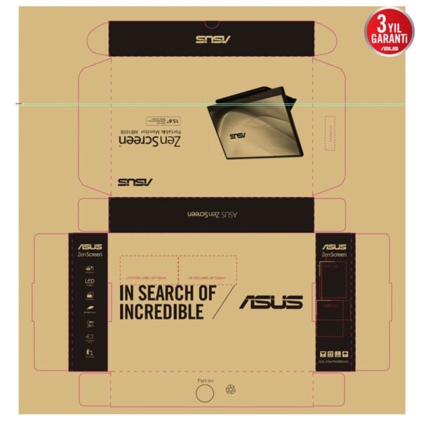 Gümüş renkli ASUS ZenScreen portatif monitör paket tasarımı, kutu ve ürün detayları, özel kutu bileşenleri ve ürün özelliklerini gösterir. Oyun ve teknoloji tutkunları için taşınabilir ekran seçeneği.