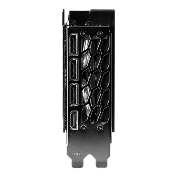 Yüksek performanslı ekran kartı arka kapağı, soğutucu ve bağlantı portları detaylarıyla gösteriliyor, bilgisayar oyunları ve grafik tasarım için ideal donanım parçaları.