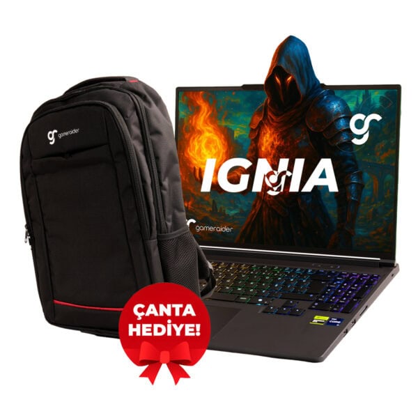 Gamerider sırt çantası ve RGB ışıklı oyuncu dizüstü bilgisayarı, oyun ve seyahat için optimize edilmiş yüksek performans ve dayanıklılık ile tasarlandı.