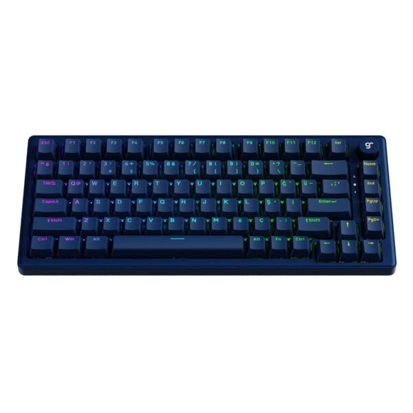 Renkli LED arka aydınlatmalı kompakt bilgisayar klavyesi, Türkçe Q ve Türkçe F karakterlerle, kablosuz erişimli, oyun ve yazılım kullanımı için uygun.