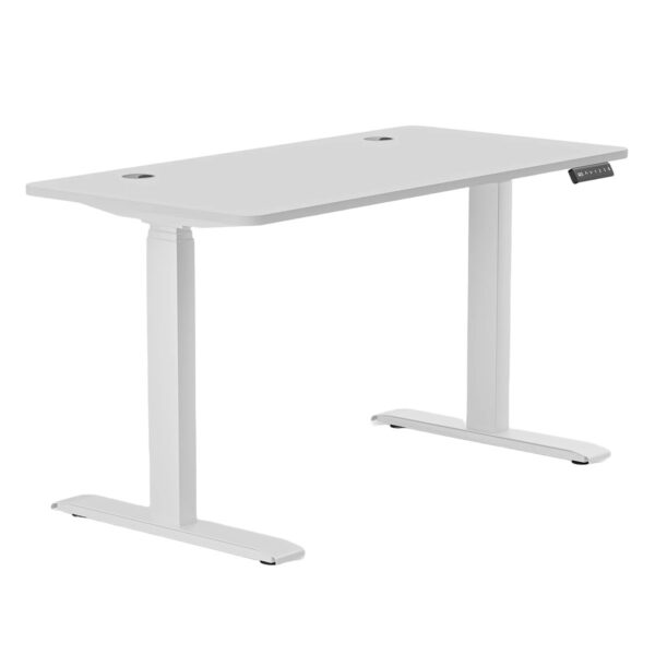 Ofis çalışma masası, parlak beyaz modern tasarım, ayarlanabilir yüksekliğe sahip ergonomik ofis mobilyası, minimalist çalışma ortamı için uygun.