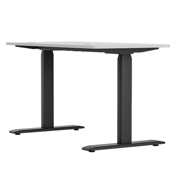 Kenar kısımları siyah, üst yüzeyi ise açık renk olan modern bilgisayar çalışma masası. Ergonomik tasarımı ile ofis ve ev kullanımı için uygundur. Ayarlanabilir yükseklik özellikleri bulunur.