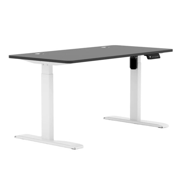 Esnek ve ayarlanabilir yükseltme özellikli bilgisayar çalışma masası, ergonomik tasarım ile ofis ve gaming alanları için ideal. Siyah yüzey ve beyaz destek ayaklarıyla modern görünümlü masa.