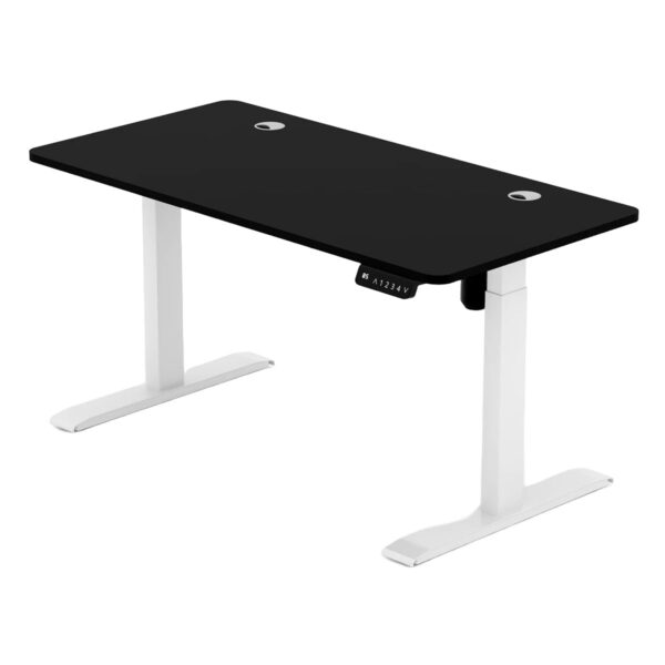 Yükseklik ayarlı bilgisayar masası, modern çalışma alanları için ergonomik ve şık tasarım. Siyah masa yüzeyi ve beyaz ayak yapısıyla ofis ve ev kullanımı için ideal.