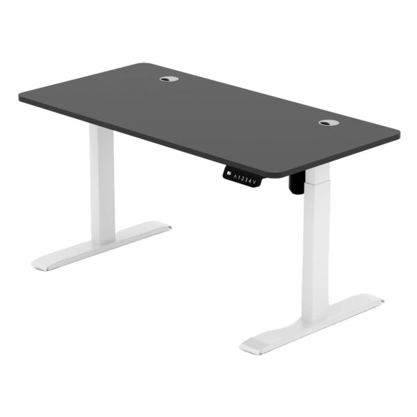 Dizüstü ve ofis kullanımı için elektrikli ayarlanabilir yükseklikli çalışma masası, ergonomik ve modern tasarım, siyah yüzey ve beyaz ayaklar, sessiz çalışma özelliği, uzun ömürlü kullanım.