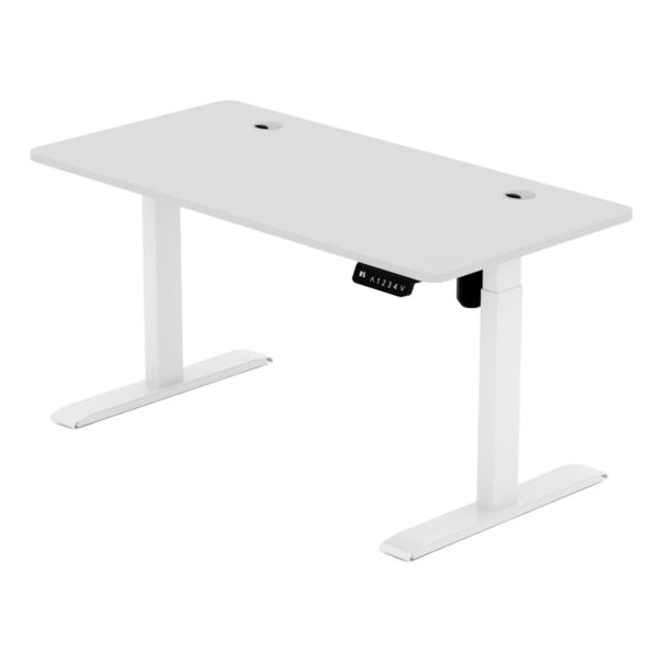 Yapay zeka ile üretilmiş beyaz ayarlanabilir bilgisayar çalışma masası, ergonomik tasarımı ve kablosuz şarj özelliği ile ofis ve ev kullanımı için ideal.