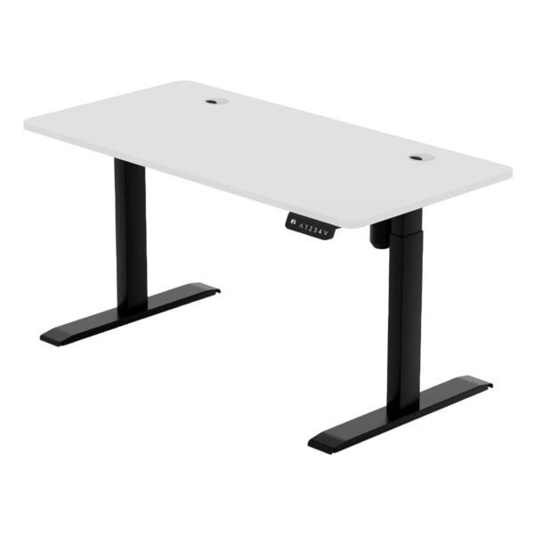 Yüksekliği ayarlanabilir bilgisayar masası, ofis ve çalışma alanları için ergonomik ve modern tasarım. Beyaz masa yüzeyi ve siyah ayaklar ile şık, fonksiyonel çalışma masası.