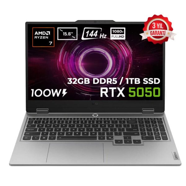 AMD Ryzen 7 işlemcili, 15.6 inç ekran, 144Hz ekran yenileme hızı, 32GB DDR5 RAM, 1TB SSD, RTX 5050 grafik kartı, 1080P Full HD çözünürlük, 3 yıl garanti, 100W güç tüketimi.
