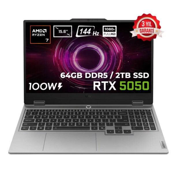AMD Ryzen 7 işlemci, 15.6 inç ekran, 144Hz yenileme hızı, 1080p Full HD çözünürlük, 64GB DDR5 RAM, 2TB SSD, RTX 5050 ekran kartı, 100W güç adaptörü, 3 yıl garanti ile yüksek performans.