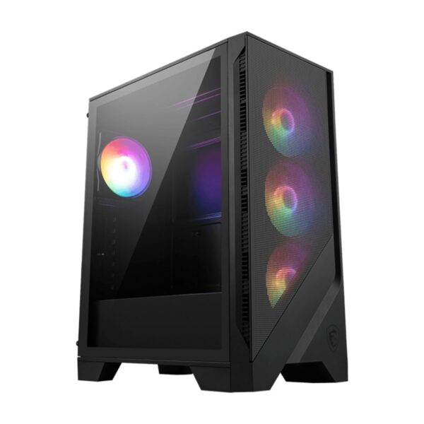 RGB aydınlatmalı oyun bilgisayarı kasası, şeffaf cam panel ve iç aydınlatmalı fanlar ile modern tasarım.