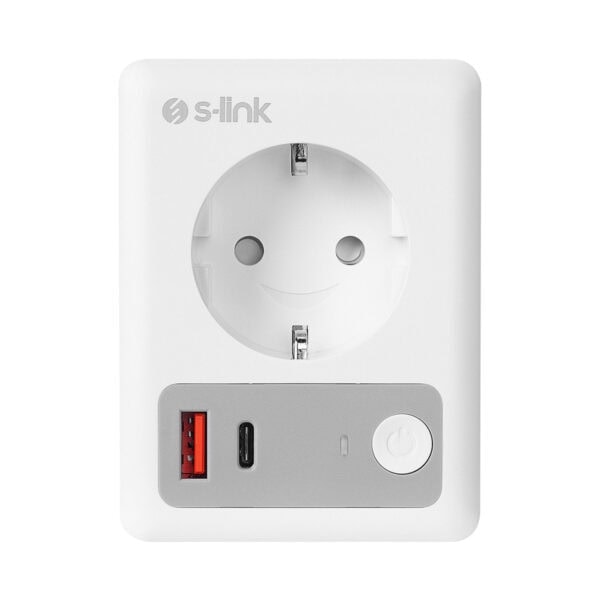 Priz adaptörüyle entegre USB ve güç anahtarına sahip akıllı elektrik priz modeli, çocuk güvenliği ve pratik kullanımı sunar.