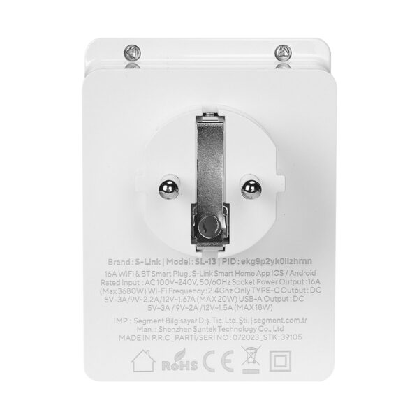Güvenli ve akıllı WiFi ve Bluetooth priz, S-Link marka, EV ve akıllı ev otomasyonu için tasarlanmış, mobil uygulama ile kolay kontrol, enerji tasarrufu ve kullanışlılık sağlar.