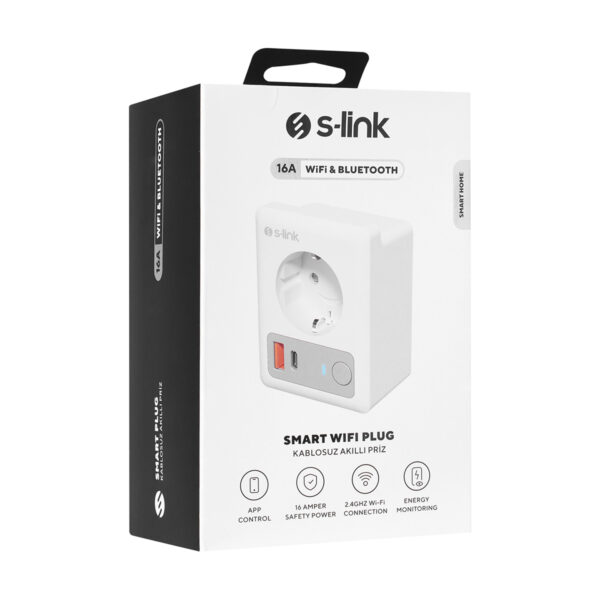 Çevrimiçi akıllı Wi-Fi fişi, uzaktan kontrol ve enerji tasarrufu sağlayan akıllı prız, telefon uygulaması ile uyumlu, 16A güvenli güç, 2.4GHz Wi-Fi bağlantısı, enerji izleme özellikli.