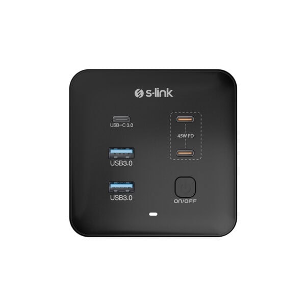 Yüksek hızlı şarj ve veri aktarımı için S-link çok portlu şarj ve veri erişim istasyonu, USB-C ve USB 3.0 portlarına sahip, kompakt ve pratik tasarım, elektronik cihazlarınız için ideal.