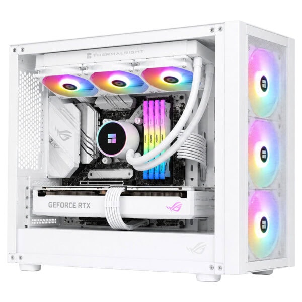 Beyaz renkli bilgisayar kasasında 3 adet ARGB fan ve su soğutucu ile donatılmış yüksek performanslı gaming PC.