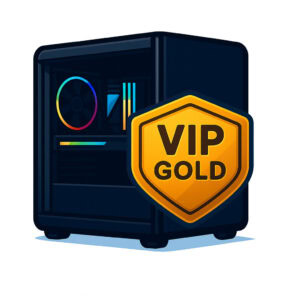 Yüksek kaliteli gamer bilgisayarı ve VIP altın üyelik rozeti, oyun tutkunları için özel tasarım, güçlü donanım ve VIP avantajları anlatan görsel.