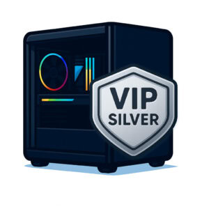 Yüksek performanslı oyun bilgisayarı ve VIP Silver üyelik simgesi, oyun ve bilgisayar donanımı konu başlıklarıyla uyumlu, SEO açısından optimize edilmiş görsel.