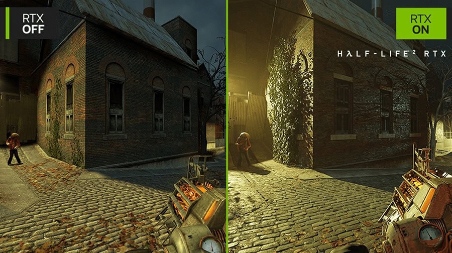 RTX OFF ve RTX ON kullanılarak Half-Life 2 oyununun farklı grafik performansları, gerçekçi ortam ve detay seviyesi farkları, yüksek kalite görsel ve oyun deneyimi, oyun grafik geliştirme örneği, oyun severler için optimize edilmiş grafik detayları.