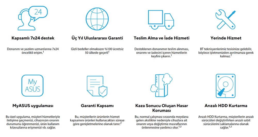Kapsamlı 7x24 destek, 3 Yıllık Uluslararası Garanti, Teslim Alma ve İade Hizmeti, Yerinde Hizmet, My ASUS uygulaması, Garanti Kapsamı, Kaza Sonucu Oluşan Hasar Koruması, Arızalı HDD Kurtarma.