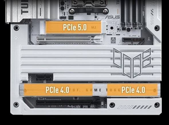 Yüksek performanslı anakart ve PCIe 5.0, PCIe 4.0 yuvaları detaylı görseli. oyunu hızlandıran teknolojik donanım bileşenleri, bilgisayar oyunları ve yüksek performans bilgisayar donanımı.