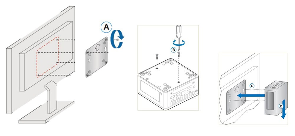 Yüksek çözünürlüklü bilgisayar monitörüne montaj adımları, vidalama ve bağlantı işlemleri, ekran montajı ve güç bağlantısı gösteren teknik çizim.