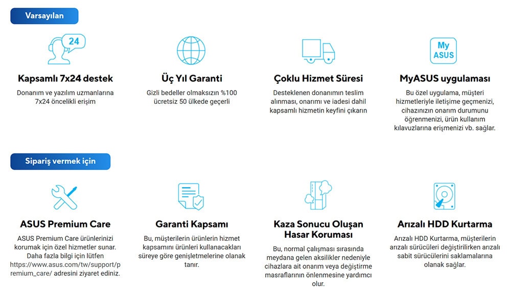 7x24 destek hizmetleri, garantili ürünler, arızalı HDD kurtarma, ASUS premium bakım, kaza sonucu hasar koruma, donanım onarım hizmetleri, uzun süreli teknik destek, Türkiye genelinde güvenilir hizmet.