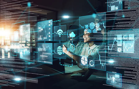 Yapay zeka ve dijital teknolojilerle çalışan genç kadın, sanal arayüzler ve grafikler üzerinde çalışmalar yaparken modern teknoloji ve inovasyon temalarını yansıtan görsel.