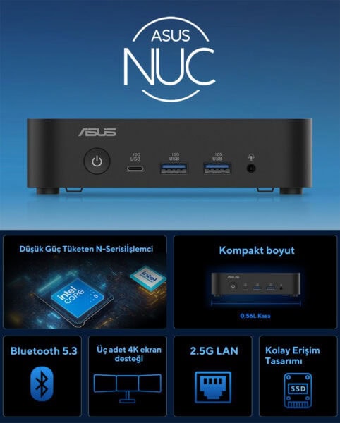 Yüksek performanslı ASUS NUC mini bilgisayar, dayanıklı ve kompakt tasarımıyla oyun ve profesyonel kullanım için ideal. Intel Core i3 işlemci, 3 adet 4K ekran desteği, Bluetooth 5.3 ve 2.5G LAN desteği ile üstün bağlantı ve hız sağlar.