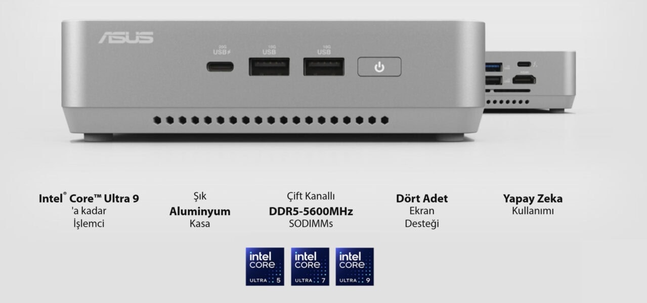 Yüksek performanslı ASUS bilgisayar kasası ve iç donanımları, güçlü Intel Core i9 işlemcisi, DDR5-5600MHz RAM, 4 ekran desteği ve yapay zeka özellikleriyle oyun ve ofis kullanımı için ideal.