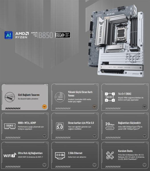 Yüksek performanslı ASUS TUF Gaming B850-BTF WiFi anakartı ve uyumlu anten, gaming ve yüksek hızlı internet ihtiyaçlarına uygun, dayanıklı ve kaliteli yapı, detaylı teknik özellikler ve şık tasarım.