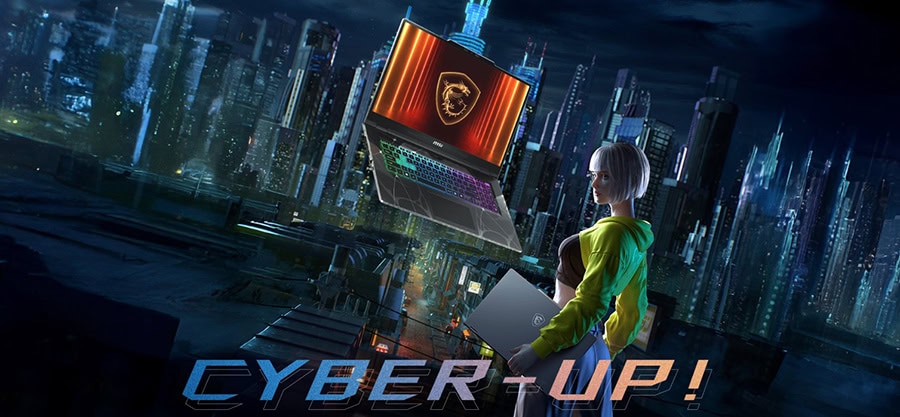 Yüksek performanslı gaming dizüstü bilgisayar ve genç kadın oyuncu gece şehir manzarasında teknoloji ve oyun temasıyla cyberpunk stilde.