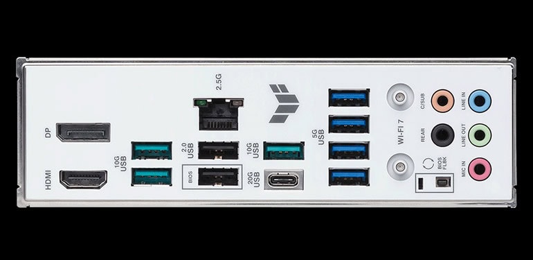 Yüksek kaliteli anakart giriş çıkış portları, USB, HDMI ve ses bağlantılarını gösteren detaylı görüntü, bilgisayar donanımı ve anakart pekiştirme için SEO uyumlu ürün fotoğrafı.