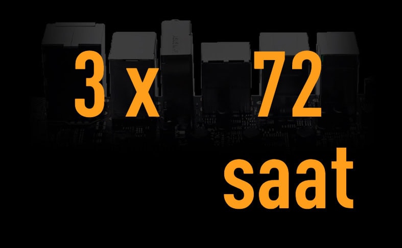 Gelişmiş saat ve zaman göstergeleri, teknoloji ve oyun temalı grafikler, 3 x 72 saat yazılı dijital saat görüntüsü.