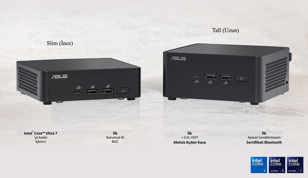 Yüksek performanslı ASUS mini bilgisayar, Slim ve Tall versiyonlarıyla Intel Core Ultra 7 işlemcili, kurumsal AI ve Bluetooth sertifikalı, çok sayıda USB ve HDMI portu içerir, oyun ve ofis kullanımı için ideal.