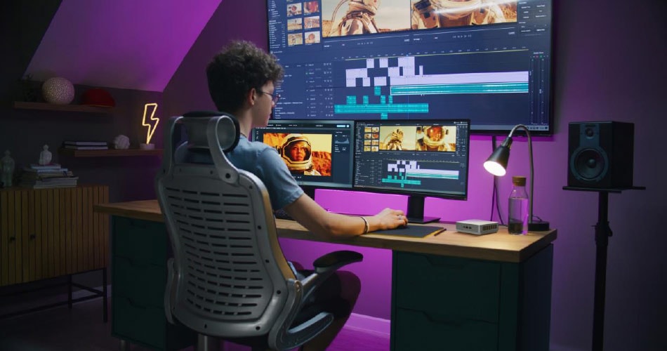 Yaratıcı oyun ve video düzenleme için gelişmiş bilgisayar ve monitörler, aydınlatmalı çalışma alanı, profesyonel ses ekipmanları ve oyun odası dekorasyonu.