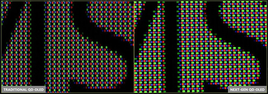 Geleneksel QD-OLED ve yeni nesil QD-OLED ekran teknolojisi karşılaştırması, yüksek çözünürlük ve renk kalitesi, OLED ve LED ekran teknolojileri, görüntü kalitesi ve ekran paneli detayları.