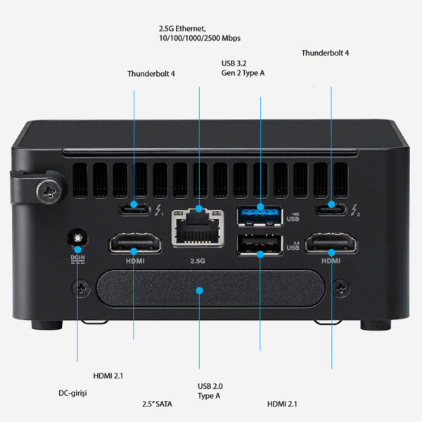 ASUS NUC 14 Pro USB 3.2 Gen 2 Type A ve USB 2.0 Type A portları bulunan yüksek performanslı bilgisayar anakartı, HDMI 2.1 ve 2.5" SATA desteği ile gaming ve profesyonel kullanım için ideal.