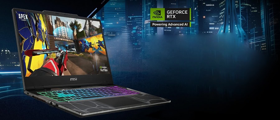 Yüksek performanslı MSI gaming laptopu NVIDIA GeForce RTX grafik kartı ve gelişmiş AI destekli soğutma özellikleriyle oyun deneyimini zirveye taşır.