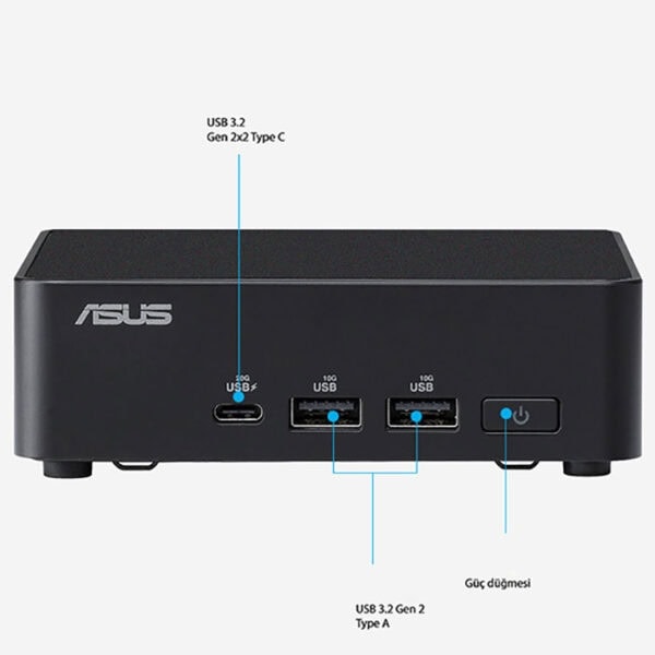 Yüksek performanslı ASUS mini PC, USB-C ve USB 3.0 portlarıyla sağlam ve kompakt tasarım, oyun ve ofis kullanımı için ideal.