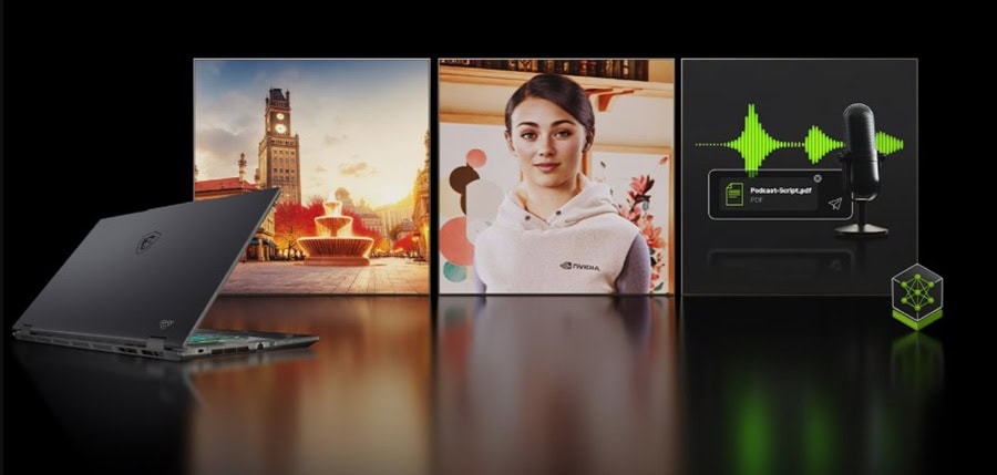 Gelişmiş dizüstü bilgisayar, ekranlarda şehir manzarası, kadın portresi ve ses kayıt simgeleri ile cep telefonu ve mikrofon bulunan teknolojik çalışma ortamı.