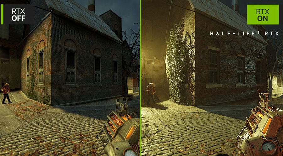RTX OFF ve RTX ON kıyaslamalı Half-Life 2 oyunu grafikleri, detaylı ve gerçekçi görsellerle yüksek çözünürlükte. RTX teknolojisi sayesinde aydınlatma ve gölge detayları belirgin şekilde artıyor.