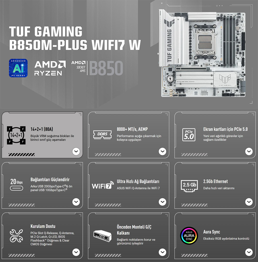ASUS TUF GAMING B850M-PLUS WIFI7 W Anakart H2