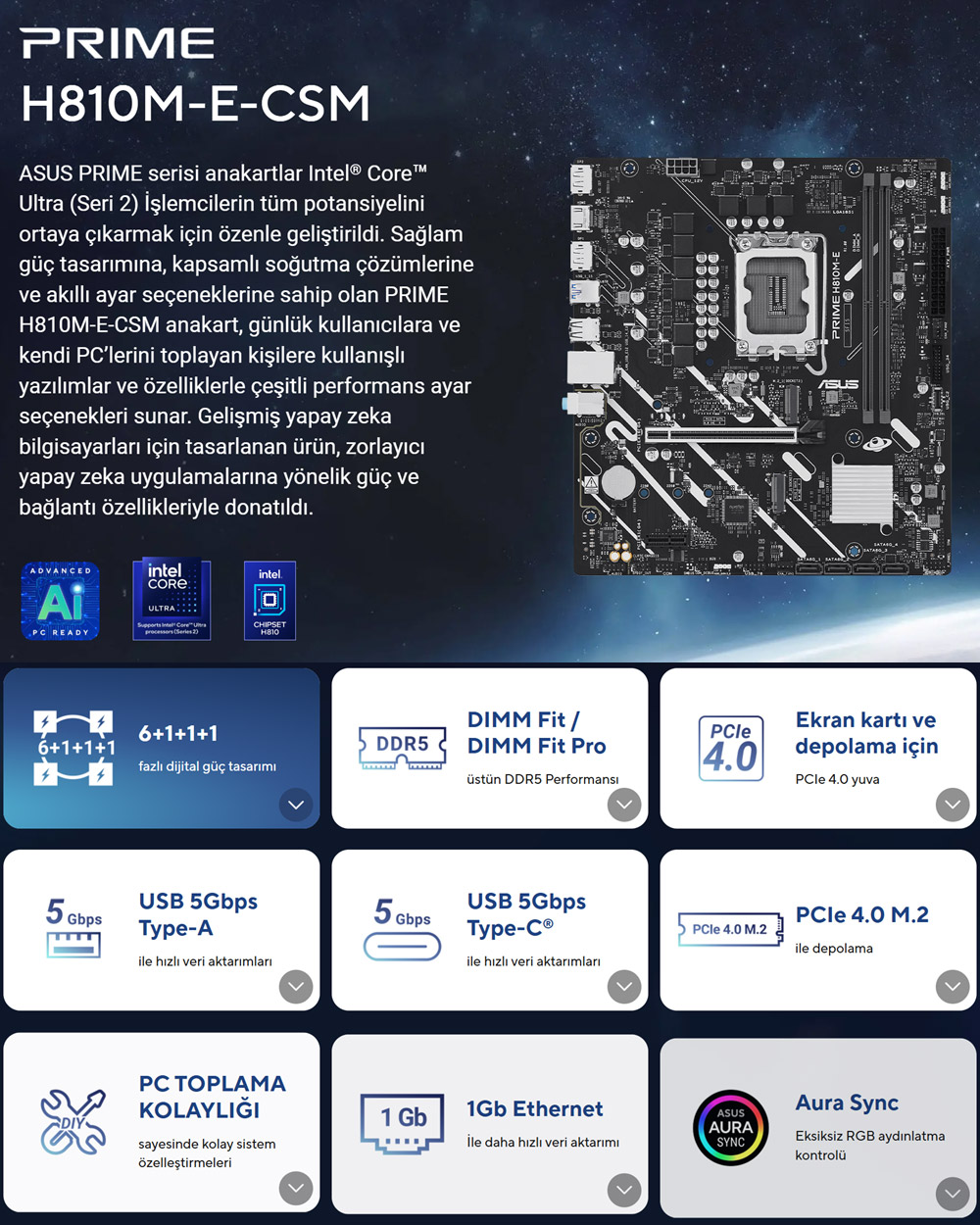 ASUS PRIME H810M-E-CSM 6400MHz DDR5 mATX Anakart H2